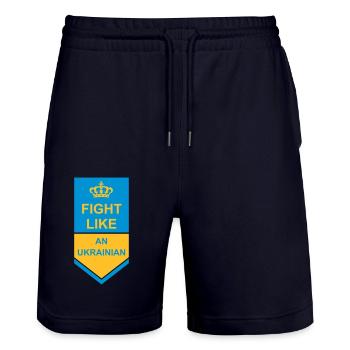 fight like ukrainians quote - Stanley/Stella Trainer Unisex Organic Jogging Shorts - dark navy - Front - Nik (191cm) & Marisol (170cm)