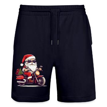 Drôle de gnome du Père Noël sur une moto - Short de jogging bio TRAINER Stanley/Stella unisexe - marine foncé - Devant - Nik (191cm) & Marisol (170cm)