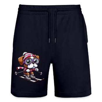 Boxer dog on skis - winter holiday in comic style - Stanley/Stella Trainer Unisex Organic Jogging Shorts - dark navy - Front - Nik (191cm) & Marisol (170cm)