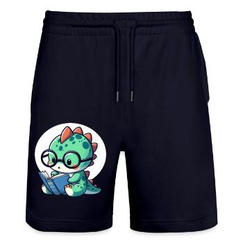 Dino avec des lunettes de lecture livre de lecture - Short de jogging bio TRAINER Stanley/Stella unisexe - marine foncé - Devant - Nik (191cm) & Marisol (170cm)
