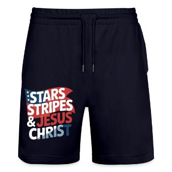 Amerikanischer Gläubiger Christ July 4th Jesus - Stanley/Stella Unisex Bio Joggingshorts Trainer  - Dark navy - Vorne - Nik (191cm) & Marisol (170cm)