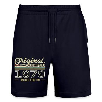 September 1979 Birthday Gift September 1979 - Stanley/Stella Trainer Unisex Organic Jogging Shorts - dark navy - Front - Nik (191cm) & Marisol (170cm)