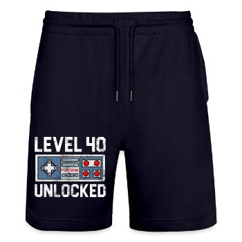 Level 40 Unlocked Retro Console - Stanley/Stella Trainer Unisex Organic Jogging Shorts - dark navy - Front - Nik (191cm) & Marisol (170cm)
