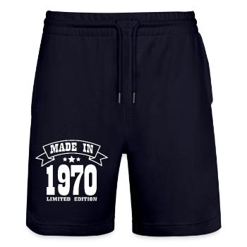 Vintage Vibes made in 1970 - Stanley/Stella Trainer Unisex Organic Jogging Shorts - dark navy - Front - Nik (191cm) & Marisol (170cm)