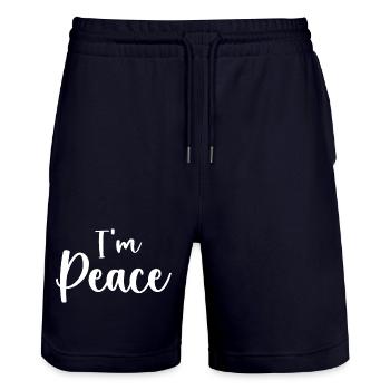 Ich komme in Frieden Ich bin Frieden Lustiges Paar - Stanley/Stella Unisex Bio Joggingshorts Trainer  - Dark navy - Vorne - Nik (191cm) & Marisol (170cm)