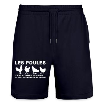 chickens are like chips - Stanley/Stella Trainer Unisex Organic Jogging Shorts - dark navy - Front - Nik (191cm) & Marisol (170cm)