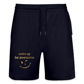 Sprüche T-Shirt, Motivation, wake up, smile - Stanley/Stella Unisex Bio Joggingshorts Trainer  - Dark navy - Vorne - Nik (191cm) & Marisol (170cm)