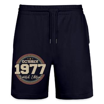 Born in October 1977 Retro Birthday October 1977 - Stanley/Stella Trainer Unisex Organic Jogging Shorts - dark navy - Front - Nik (191cm) & Marisol (170cm)