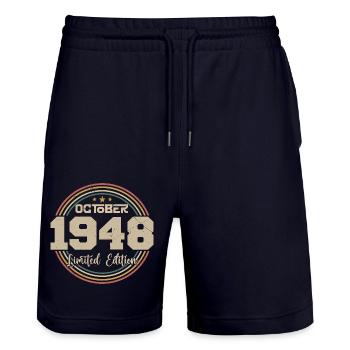 Born in October 1948 Retro Birthday October 1948 - Stanley/Stella Trainer Unisex Organic Jogging Shorts - dark navy - Front - Nik (191cm) & Marisol (170cm)