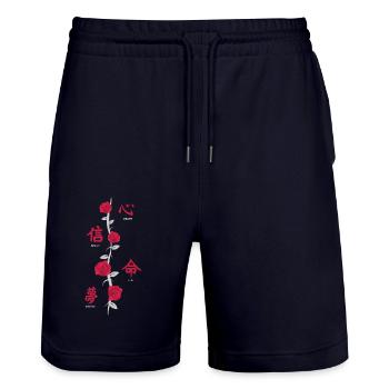 Japanische Schriftzeichen Rückendruck mit Blumen - Stanley/Stella Unisex Bio Joggingshorts Trainer  - Dark navy - Vorne - Nik (191cm) & Marisol (170cm)