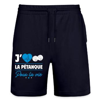 J'aime la pétanque pour la vie – Boules et camping - Short de jogging bio TRAINER Stanley/Stella unisexe - marine foncé - Devant - Nik (191cm) & Marisol (170cm)
