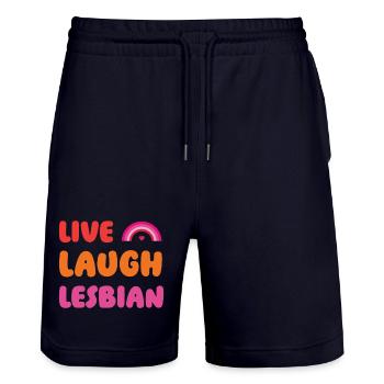 Mois de la fierté LGBTQ - Vivre, Rire, Lesbienne - Short de jogging bio TRAINER Stanley/Stella unisexe - marine foncé - Devant - Nik (191cm) & Marisol (170cm)