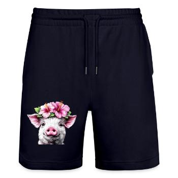 Hibiskuskrone Schwein - Stanley/Stella Unisex Bio Joggingshorts Trainer  - Dark navy - Vorne - Nik (191cm) & Marisol (170cm)