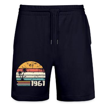 1961 Geburtstagsgeschenk - Made in 1961 Retro 1961 - Stanley/Stella Unisex Bio Joggingshorts Trainer  - Dark navy - Vorne - Nik (191cm) & Marisol (170cm)