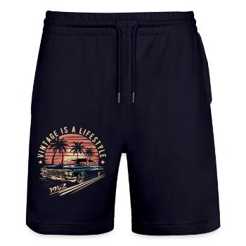 Vintage 1952 Retro Classic Car Legendary Since 1952 - Stanley/Stella Trainer Unisex Organic Jogging Shorts - dark navy - Front - Nik (191cm) & Marisol (170cm)