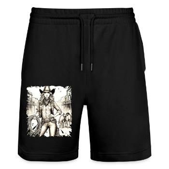 western vintage cowboy girl american wild west - Stanley/Stella Trainer Unisex Organic Jogging Shorts - black - Front - Nik (191cm) & Marisol (170cm)