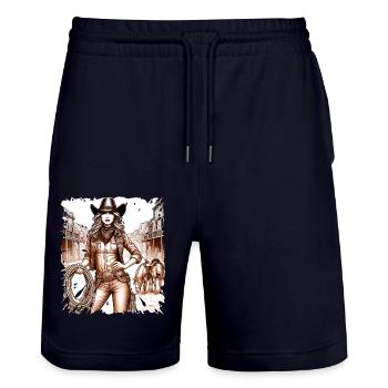 western vintage cowboy fille ouest sauvage américain - Short de jogging bio TRAINER Stanley/Stella unisexe - marine foncé - Devant - Nik (191cm) & Marisol (170cm)