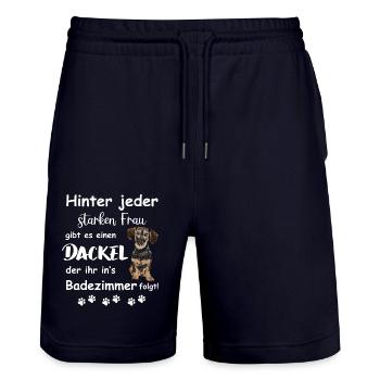 Hinter jedem starken Frauchen steht ein Dackel - Stanley/Stella Unisex Bio Joggingshorts Trainer  - Dark navy - Vorne - Nik (191cm) & Marisol (170cm)