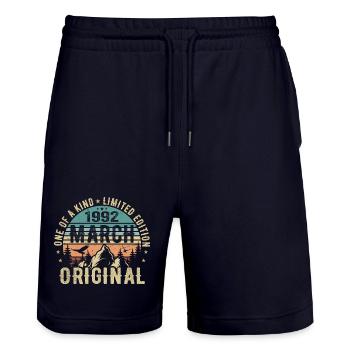Legendary since March 1992 - birthday March 1992 - Stanley/Stella Trainer Unisex Organic Jogging Shorts - dark navy - Front - Nik (191cm) & Marisol (170cm)