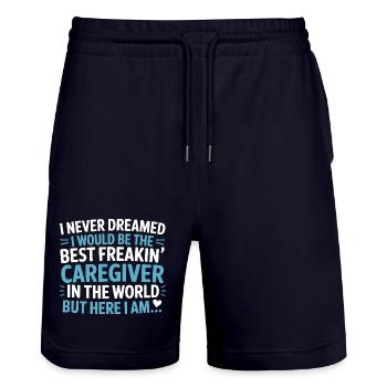 Best Nurse in the World Design - Stanley/Stella Trainer Unisex Organic Jogging Shorts - dark navy - Front - Nik (191cm) & Marisol (170cm)