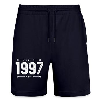 vintage 1997 vintage 28th birthday 1997 - Stanley/Stella Trainer Unisex Organic Jogging Shorts - dark navy - Front - Nik (191cm) & Marisol (170cm)