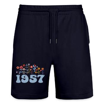 1957 Blumenmuster 1957 Blumen-thema Blumen 1957 - Stanley/Stella Unisex Bio Joggingshorts Trainer  - Dark navy - Vorne - Nik (191cm) & Marisol (170cm)