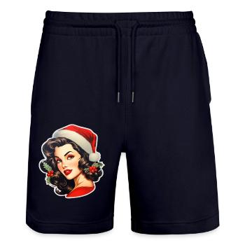 Woman with santa hat - Stanley/Stella Trainer Unisex Organic Jogging Shorts - dark navy - Front - Nik (191cm) & Marisol (170cm)