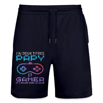 J' ai deux titres papy et gamer cadeau gaming - Short de jogging bio TRAINER Stanley/Stella unisexe - marine foncé - Devant - Nik (191cm) & Marisol (170cm)