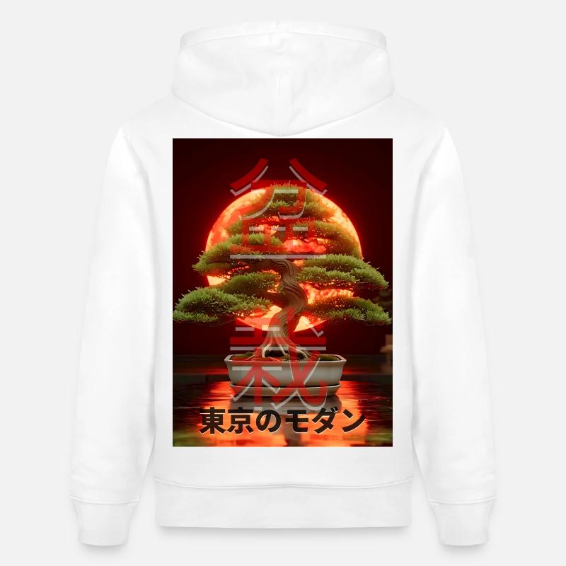 Bonsaï Red Suns Panneau d’écriture japonais - Sweat à capuche bio CRUISER Stanley/Stella Unisexe - blanc