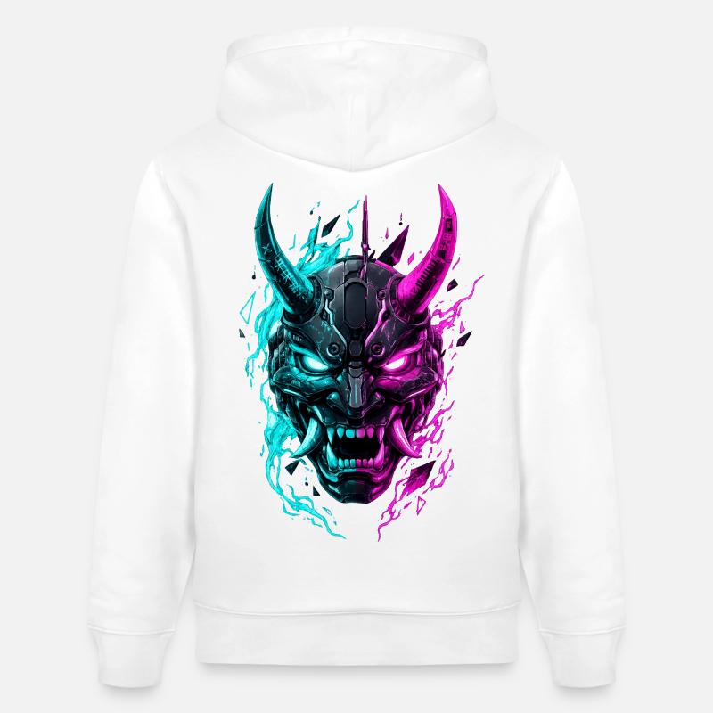 Masque Cyber Oni Néon - Sweat à capuche bio CRUISER Stanley/Stella Unisexe - blanc