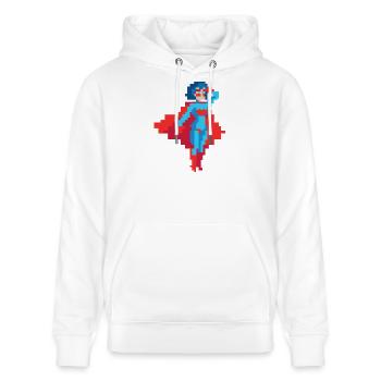 Pixel-Art-Superheldin – Fliegende Frau im roten Umhang - Stanley/Stella Unisex Bio-Hoodie CRUISER  - Weiß - Vorne - Alina (178cm) & Michal (187cm)