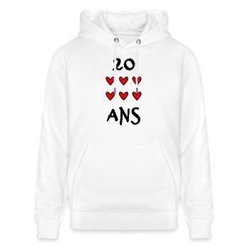 20 ANS. 20e ANNIVERSAIRE. ANNIVERSAIRE 20 ANS. ANN - Sweat à capuche bio CRUISER Stanley/Stella Unisexe - blanc - Devant - Alina (178cm) & Michal (187cm)