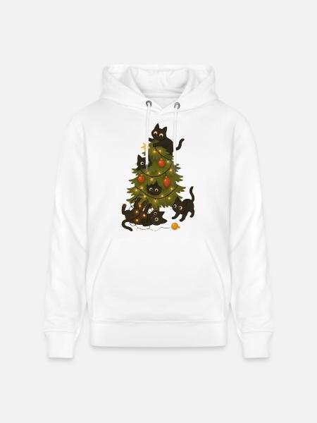 Funny Cats Playing Around Christmas Tree - Stanley/Stella CRUISER Unisex Organic Hoodie - white