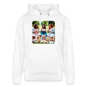 Kuchen & Gesellschaft Satire - Stanley/Stella Unisex Bio-Hoodie CRUISER  - Weiß - Vorne - Alina (178cm) & Michal (187cm)