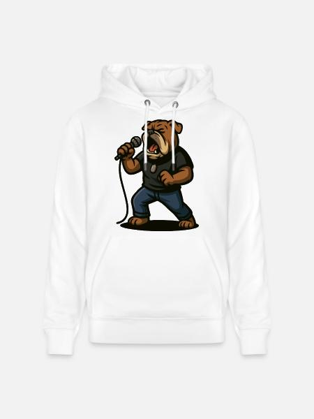 Rock Singer Bulldog with Microphone Art - Stanley/Stella CRUISER Unisex Organic Hoodie - white