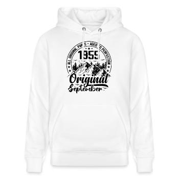 1955 September Original 69 Jahre altes Geburtstagsgeschenk - Stanley/Stella Unisex Bio-Hoodie CRUISER  - Weiß - Vorne - Alina (178cm) & Michal (187cm)
