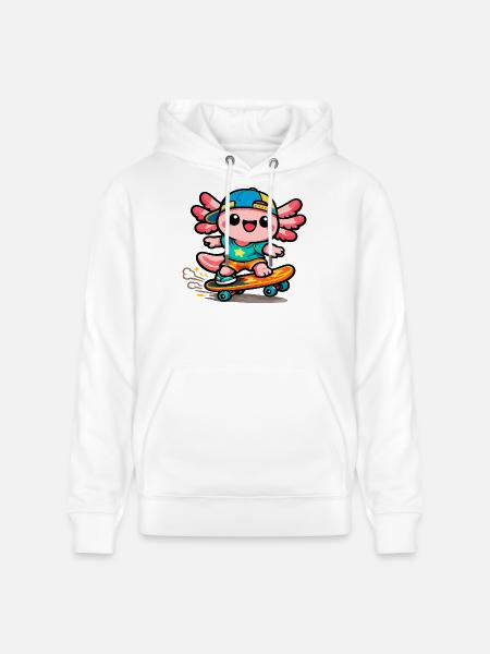 Kawaii Wing Skateboarder Axolotl - Stanley/Stella CRUISER Unisex Organic Hoodie - white