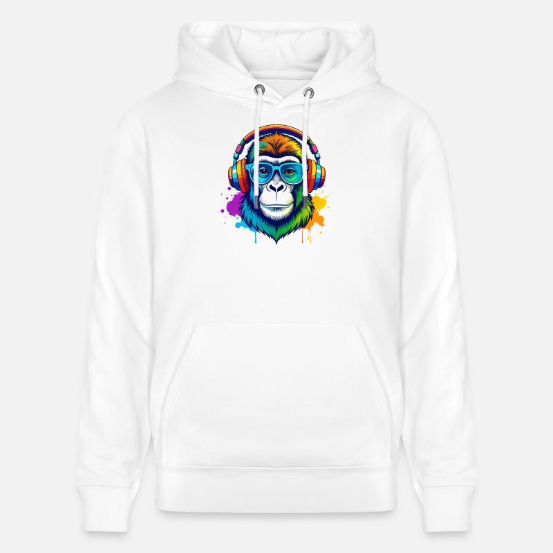 Gorille DJ Arc-en-Ciel avec casque - Sweat à capuche bio CRUISER Stanley/Stella Unisexe - blanc