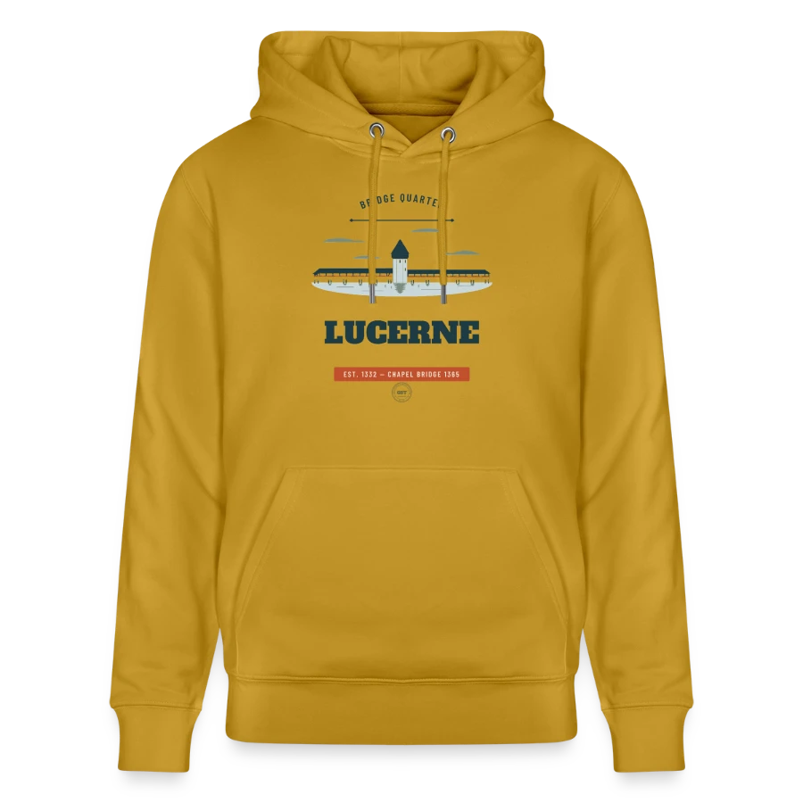 Lucerne badge on a stanley/stella cruiser unisex organic hoodie, ochre