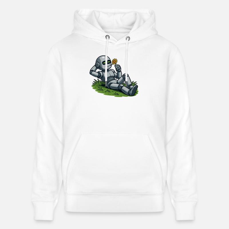 Robot avec fleur sur une pelouse - Sweat à capuche bio CRUISER Stanley/Stella Unisexe - blanc