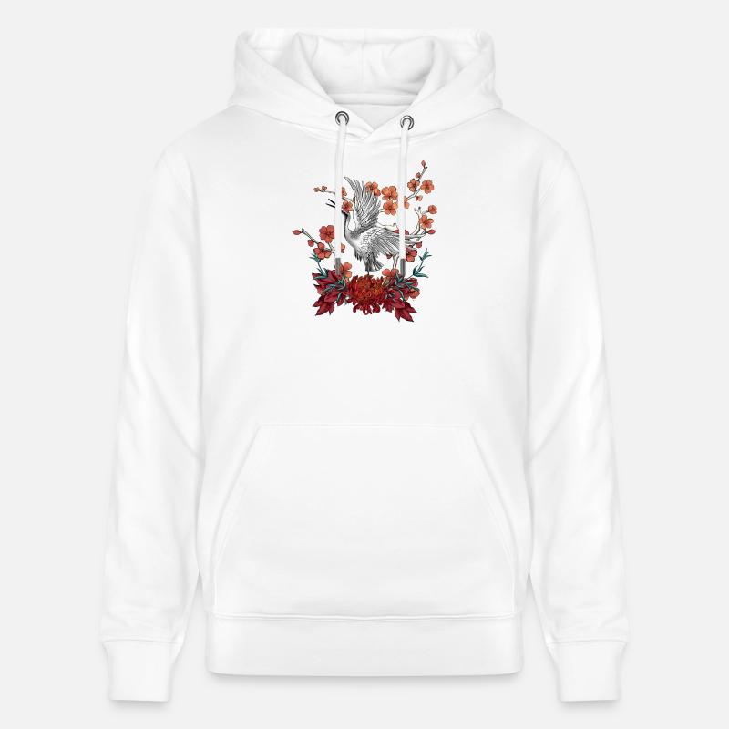 Belle grue avec des fleurs - Sweat à capuche bio CRUISER Stanley/Stella Unisexe - blanc