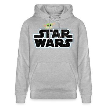 Star Wars: Mandalorian Schriftzug Mit Grogu - Stanley/Stella Unisex Bio-Hoodie CRUISER  - Grau meliert - Vorne - Alina (178cm) & Michal (187cm)