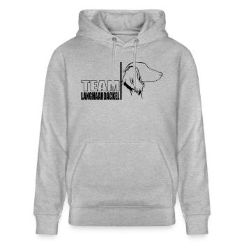 TEAM Langhaardackel Hunde Hund Wilsigns - Stanley/Stella Unisex Bio-Hoodie CRUISER  - Grau meliert - Vorne - Alina (178cm) & Michal (187cm)