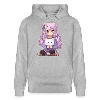 Kawaii Girl Anime Manga Fille et chat - Sweat à capuche bio CRUISER Stanley/Stella Unisexe - gris chiné - Devant - Alina (178cm) & Michal (187cm)