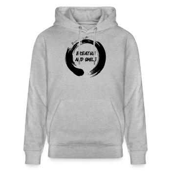 Enso zen circle with text 'breath and laugh' - Stanley/Stella CRUISER Unisex Organic Hoodie - heather grey - Front - Alina (178cm) & Michal (187cm)