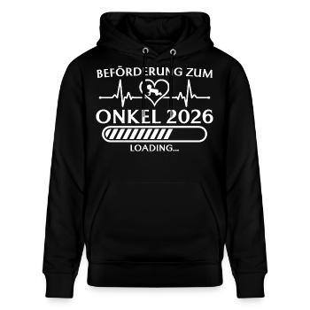 Beförderung zum Onkel 2026 lädt - Stanley/Stella Unisex Bio-Hoodie CRUISER  - Schwarz - Vorne - Alina (178cm) & Michal (187cm)