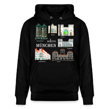 München, Handzeichnung Wahrzeichen, Bayern - Stanley/Stella Unisex Bio-Hoodie CRUISER  - Schwarz - Vorne - Alina (178cm) & Michal (187cm)