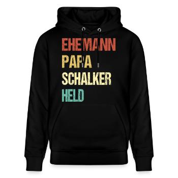 Ehemann Papa Schalker Held Vintage - Stanley/Stella Unisex Bio-Hoodie CRUISER  - Schwarz - Vorne - Alina (178cm) & Michal (187cm)