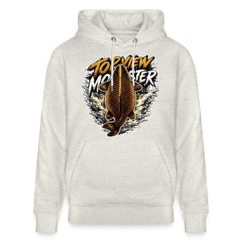 Draufsicht Karpfen-Spritzfischen-Design - Stanley/Stella Unisex Bio-Hoodie CRUISER  - Beige meliert - Vorne - Alina (178cm) & Michal (187cm)