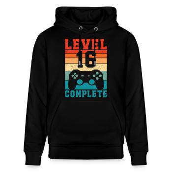 16. Geburtstag Level 16 Complete 16 Jahre Gamer  - Stanley/Stella Unisex Bio-Hoodie CRUISER  - Schwarz - Vorne - Alina (178cm) & Michal (187cm)